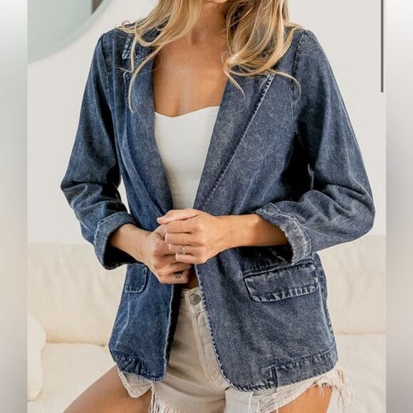 Bibi Washed Denim Single Breasted Blazer Jean Jacket NEW XL - Picture 1 of 6